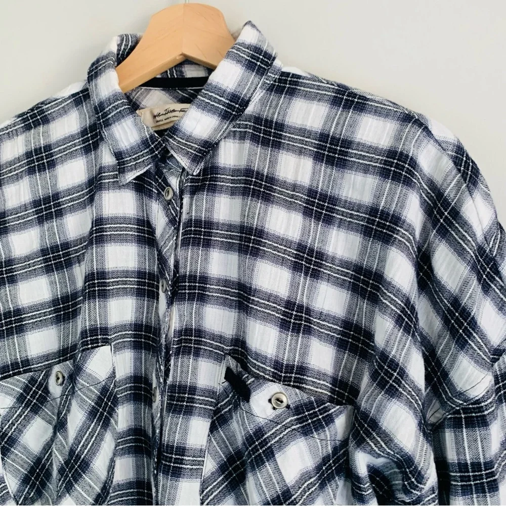 Free People First Bloom Tie Front Plaid Button-Down Top Small Blue Gray Gingham